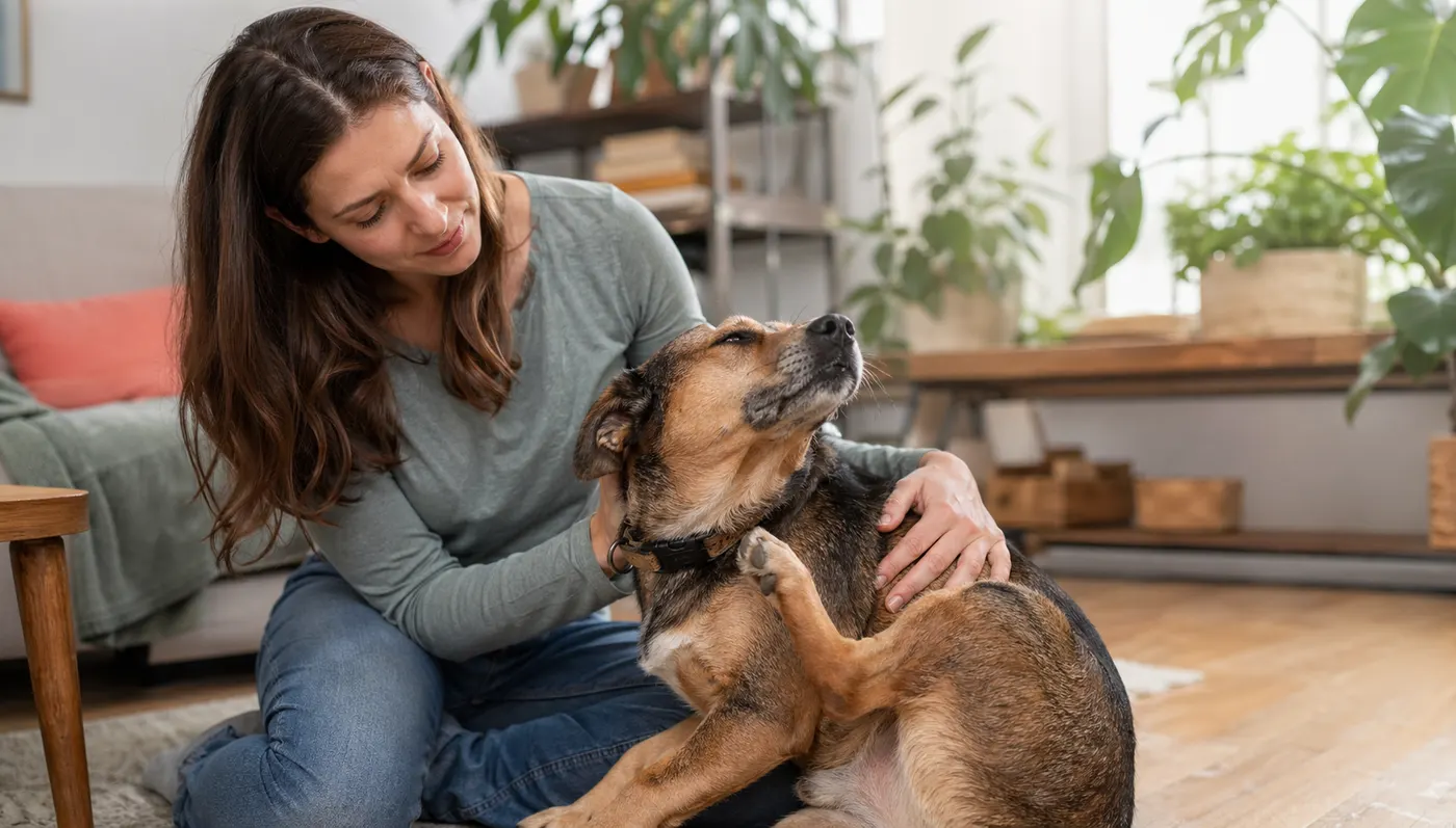 A concerned owner comforting an itchy dog at home